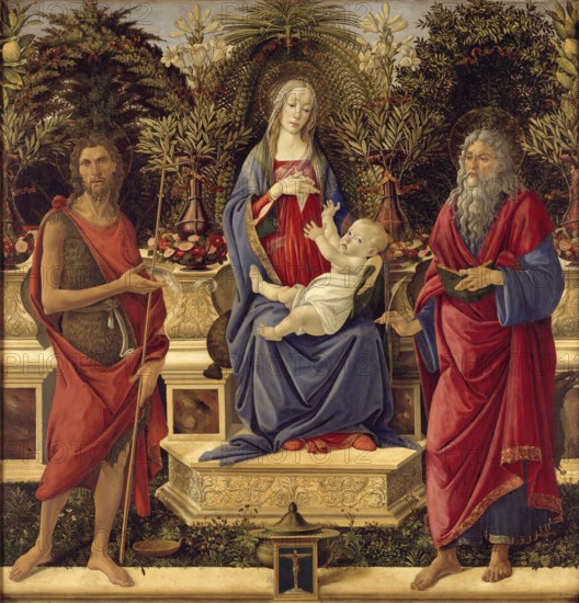 Madonna mit Kind und den beiden Heiligen Johannes (1484-1485), Madonna and Child with both Saints John, Painting by Sandro Botticelli (1 March 1445, 1510), one of the most important Italian painters and draughtsmen of the early Renaissance, Historic, digitally restored reproduction from an original, Record date not stated