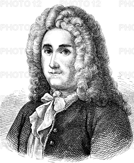 Rene-Antoine Ferchault de Reaumur, 28 February 1683 - 17 October 1757, was a French naturalist and materials scientist, Historical, digital reproduction of an original from the 19th century