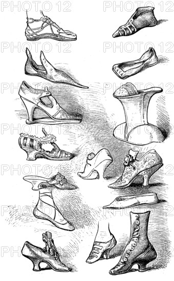 Shoe fashion from different eras, from Greek antiquity to the beginning of the 19th century, illustration from 1880, historical, digital reproduction of an original from the 19th century