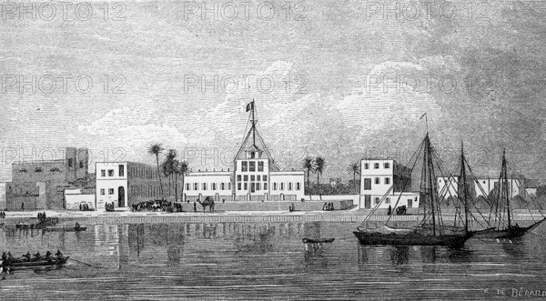 Saint-Louis, a town on the north-western coast of Senegal, in 1880, Historical, digital reproduction of an original 19th century artwork