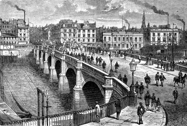 The former Broomielaw Bridge in Glasgow, Scotland in 1880, Historical, digital reproduction of an original 19th century artwork