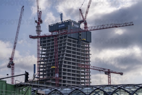 Shell of the Elbtower construction project, the architectural completion of Hafencity Hamburg, in the east, is to grow to 64 storeys and 245 metres in height, construction was halted due to the insolvency of Signa Prime Selection AG of the Austrian real estate entrepreneur René BenkoHamburg, Hamburg, Germany, Europe