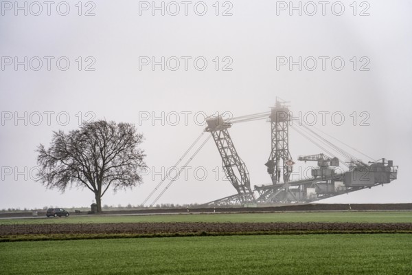 Mining excavator at the Garzweiler II opencast lignite mine at the former, demolished village of Lützerath, on the L12 country road, in the fog, North Rhine-Westphalia, Germany, Europe