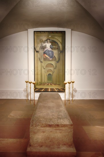 Interior view, sarcophagus with the bones of the three Franconian apostles Kilian, Kolonat and Totnan, Kilian's crypt, crypt, Neumünster parish church, Würzburg, Lower Franconia, Bavaria, Germany, Europe