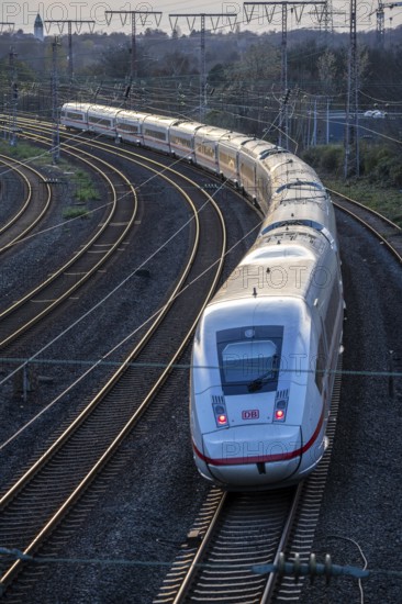 ICE train on the tracks, railway layout, railway line west of the main station of Essen, North Rhine-Westphalia, Germany, Europe