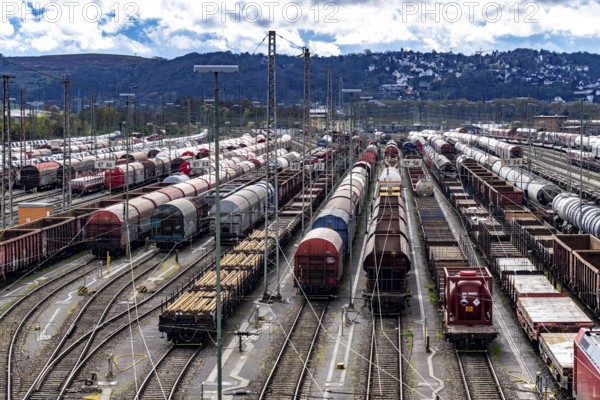 The Hagen-Vorhalle marshalling yard, one of the 9 largest in Germany, is located on the Wuppertal-Dortmund railway line and has 40 directional tracks on which goods trains are assembled, North Rhine-Westphalia, Germany, Europe