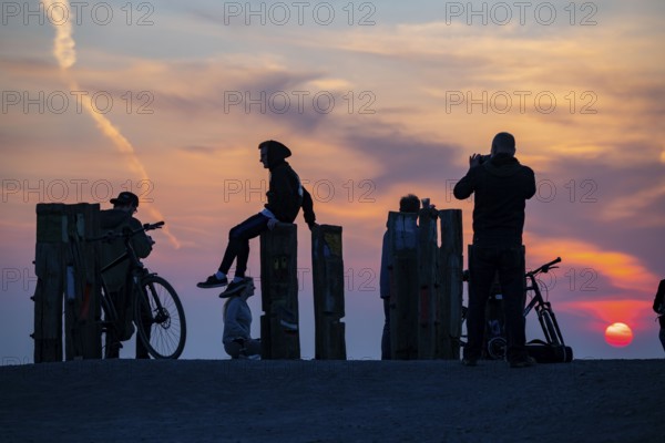 The Haniel spoil tip, 185 metre high spoil tip, at the Prosper Haniel mine, which was closed in 2019, artwork Totems by the sculptor Augustin Ibarrola, sunset, Bottrop, Germany, Europe