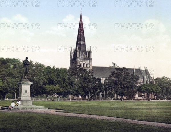 Singapore, St Andrew's Cathedral & Raffles Monument, Historic, digitally restored reproduction from a 19th century original, Record date not stated, Singapore, Historic, digitally restored reproduction from a 19th century original, Record date not stated, Asia