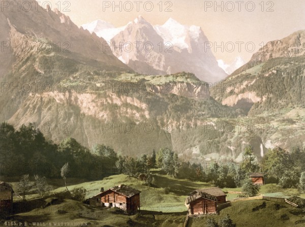 Brunnen und Wetterhorn, Bernese Oberland, Switzerland, Historic, digitally restored reproduction from a 19th century original, Record date not stated, Well and Wetterhorn, Bernese Oberland, Switzerland, Historic, digitally restored reproduction from a 19th century original, Record date not stated, Europe