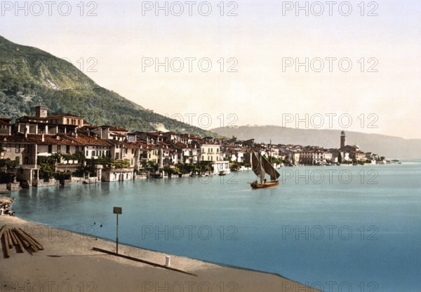 General view, Salo, Lake Garda, Italy, Historical, digitally restored reproduction from a 19th century original, 1880, Record date not stated, Europe