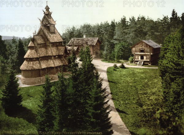 Gols Church, with Hovenstuen and Staburet, Christiania, Norway, View from 1885, Historical, digitally restored reproduction from a 19th century original, Record date not stated, Europe