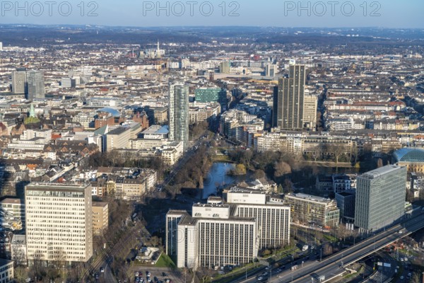 View over the city centre of Düsseldorf, Carlstadt and Friedrichstadt districts, Schwanenspiegel pond, North Rhine-Westphalia, Germany, Europe