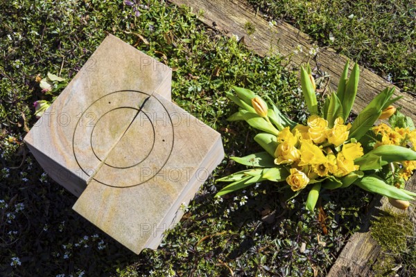 Gravestone, next to it a bouquet of yellow roses, daffodils and tulips, Alleestraße cemetery, Riesa, Saxony, Germany, Europe