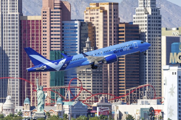 An Airbus A220-300 aircraft of Breeze Airways with the registration number N218BZ at Las Vegas Airport, USA, North America