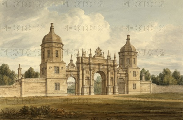 The Entrance to Burleigh park near Stamford, England, digitally restored reproduction of a 19th-century original by John Buckler, Record date not stated, The Entrance to Burleigh park near Stamford, digitally restored reproduction of a 19th-century original, Record date not stated