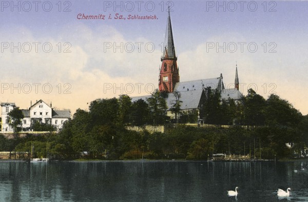 The castle pond in Chemnitz in 1913, postcard, Saxony, Germany, digitally enhanced reproduction from a historical original, around 1900, public domain, Europe