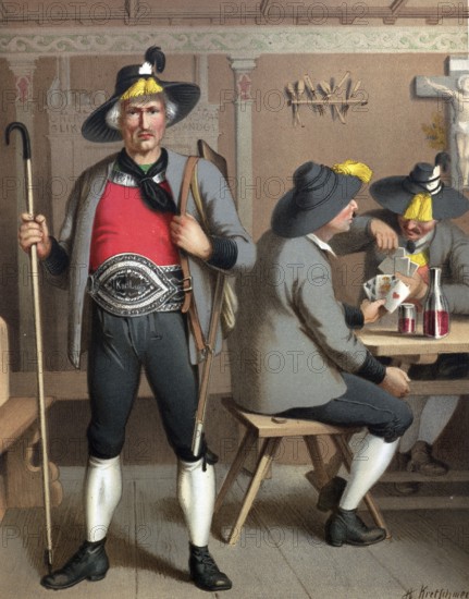 Traditional costumes in Germany around 1820, Tyrol, Zillertal, men in traditional traditional costume playing cards in a traditional inn, digitally retouched reproduction of a model from around 1850, by Albert Kretschmer (27 February 1825, 11 July 1891), German painter and costumier