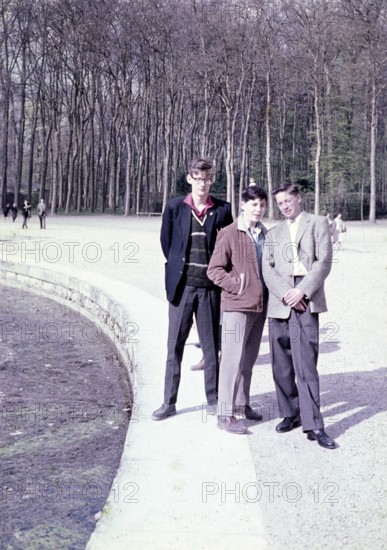 Three senior secondary schoolboys on educational trip at Versaiiles, France, c 1960, Europe