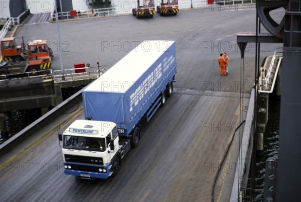 Truck driving onto the North Sea ferry Norsun, harbour of Rotterdam, Netherlands, around 1987