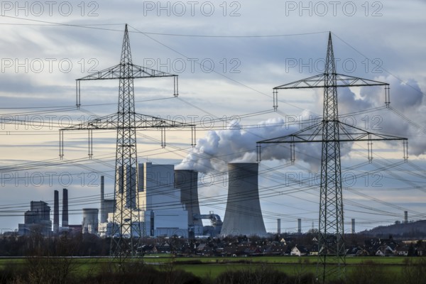 Grevenbroich, North Rhine-Westphalia, Germany, RWE Power AG Neurath power plant, lignite-fired power plant at RWE's Garzweiler opencast lignite mine, here in the foreground the new power plant units F and G, Europe