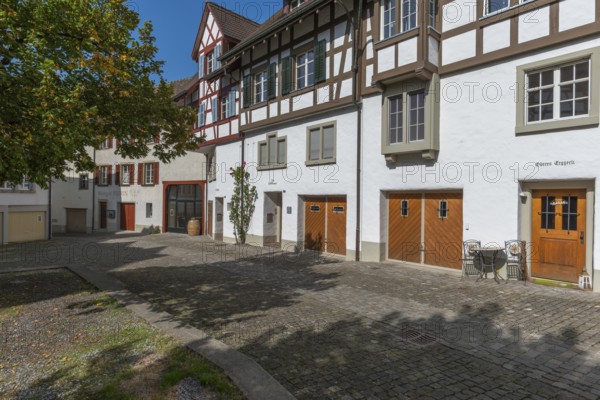 Historic street Fronhof, Stein am Rhein, half-timbered house, house names, cobblestones, Canton Schaffhausen, Switzerland, Europe