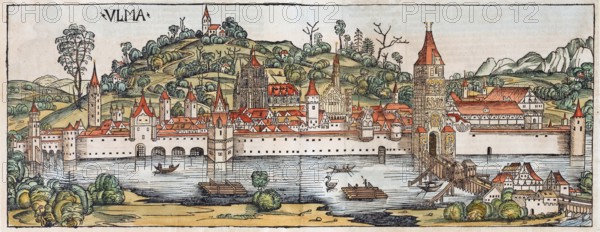 Medieval town view, general view of Ulm or Ulma, Danube, old coloured woodcut, Latin edition, from: Schedel'sche Weltchronik, Hartmann Schedel 1493