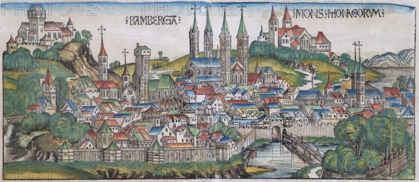 Medieval town view, general view of Bamberg or Bamberga, old coloured woodcut, Latin edition, from: Schedel'sche Weltchronik, Hartmann Schedel 1493