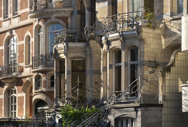 Brussels, Bruxelles, Art Nouveau house on Avenue General de Gaulle, Maison Flagey, façade with wrought-iron railings