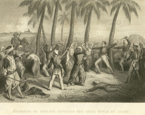 Military and munity mutiny views massacre of English officers and their wives at Jhansi, Uttar Pradesh, India, Asia