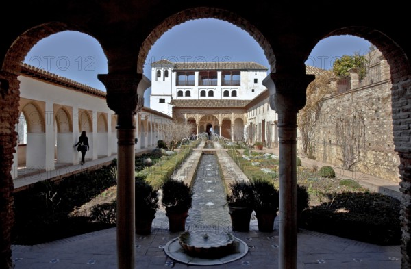 Generalife, view across the water basin courtyard to the north pavilion