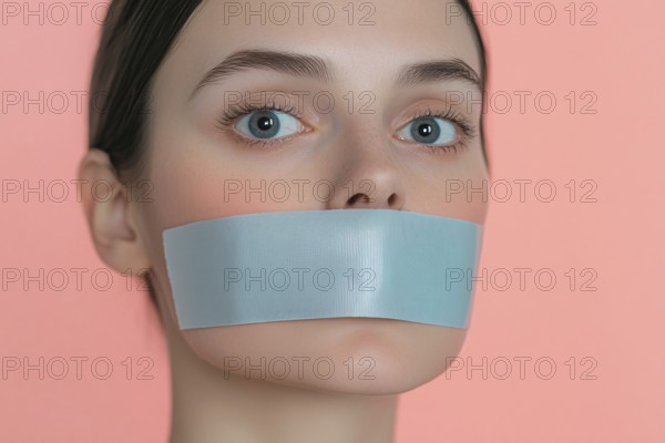 Young woman silenced with gray tape over her mouth in front of pink studio background. Generative AI, AI generated