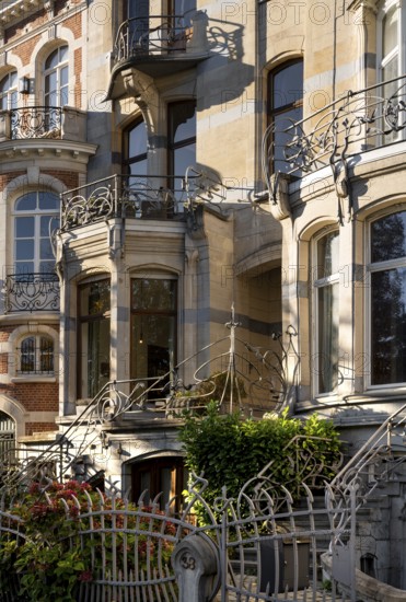 Brussels, Bruxelles, Art Nouveau house on Avenue General de Gaulle, Maison Flagey, façade with wrought-iron railings