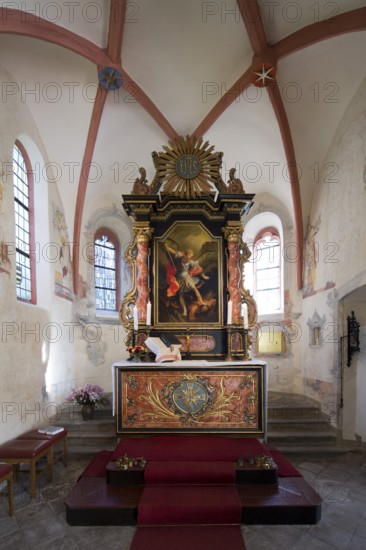 View into the choir, main altar with painting of St Michael the Archangel, St, Saint, Saint