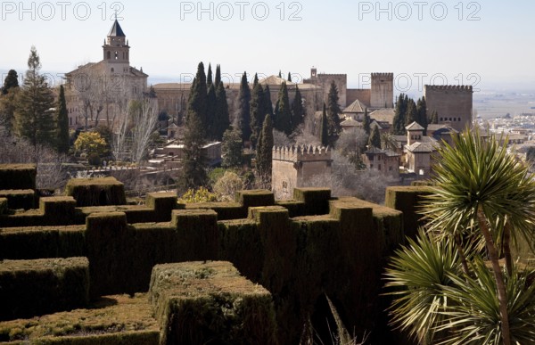 Generalife, view from the new gardens to the main part of the Alhambra, on the left the church of Sta Maria, St., St., Saint