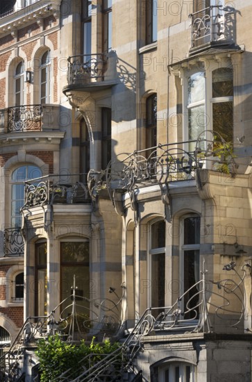 Brussels, Bruxelles, Art Nouveau house on Avenue General de Gaulle, Maison Flagey, façade with wrought-iron railings