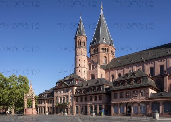 Mainz, St Martin's Cathedral, north side with baroque houses and market fountain