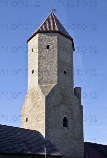 Noble castle begun at the beginning of the 12th century, later an Anhalt office and domain, partial view of the 13th century keep from the south-east, height 25 m