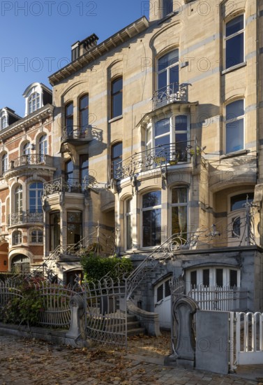 Brussels, Bruxelles, Art Nouveau house on Avenue General de Gaulle, Maison Flagey, façade with wrought-iron railings