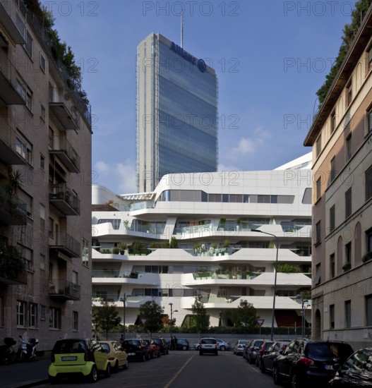 Zaha Hadid 2009-2013, seen from Piazza Elsa Morante, behind it Allianz Tower 2012-2015 Height 207 m