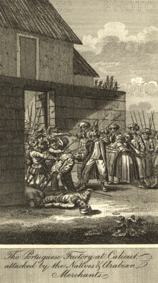 The Portuguese, Portuguese factory at Calicut attacked by the Natives and Orabine Merchants, India, Asia