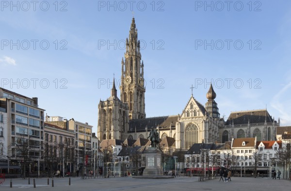 Antwerp, Groenplaats. Belgium Antwerp Cathedral of Our Lady 14-16th century View from south North tower 123 m high in front Rubens monument 1840 by Willem Geefs, St., Saint, Saint