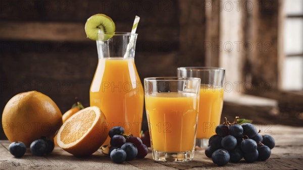 AI generated image, ai Bottles of fruit juice and smoothie with fresh fruits