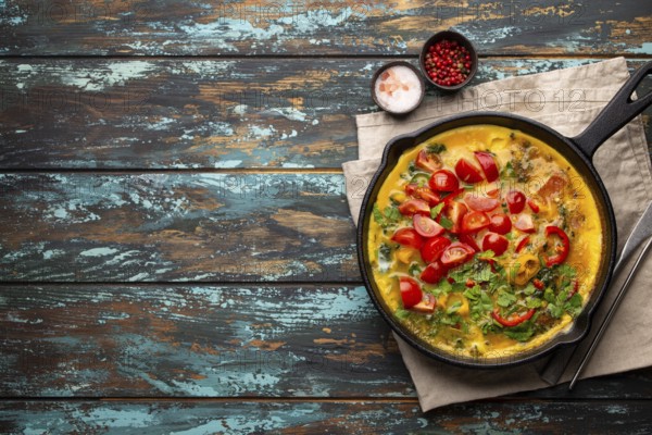 Healthy frittata in cast iron pan with fried beaten eggs and seasonal vegetables on rustic wooden background. Italian omelette with organic spinach, bell pepper, tomatoes, top view, copy space
