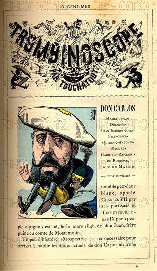 Caricature of Don Carlos, in : "Le Trombinoscope"