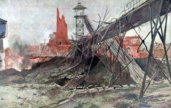 François Flameng, en Artois, mines de Liévin, la Fosse Calonne après le bombardement
