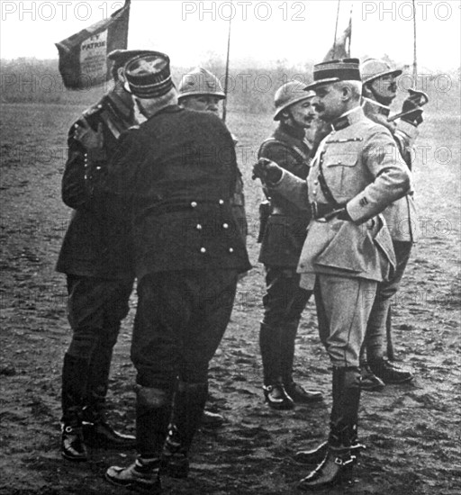 World War I. General Joffre awarding the grand cross of the Legion of Honor to an English general, Sir Ian Hamilton