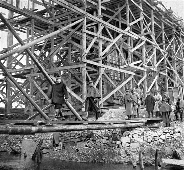 World War I.  General Joffre visiting the reconstruction work on a viaduct in Lorraine
