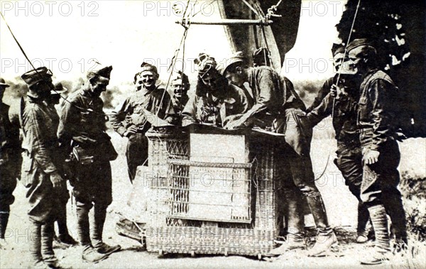 World War I. During the second battle of the Marne, American aeronauts getting ready to take off.