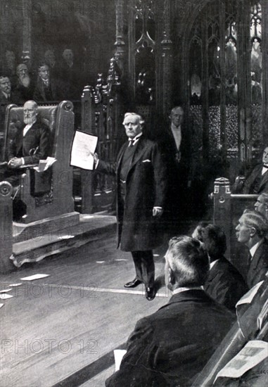 At the House of Commons in London, Prime minister Mr. Asquith presenting the message of the new king, announcing the death of Edward VII (May 11, 1910)