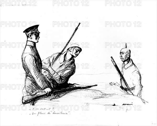 Caricature de Jean-Louis Forain (1852-1931). "Le nouveau venu". (à propos du Lusitania)